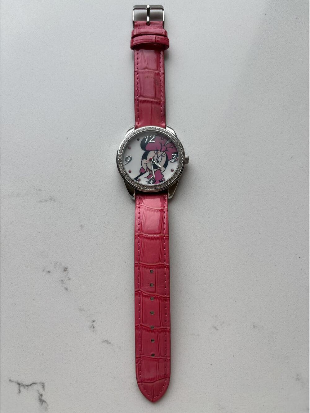 Disney Minnie Mouse Pink Leather Strap Watch with Crystal Accents